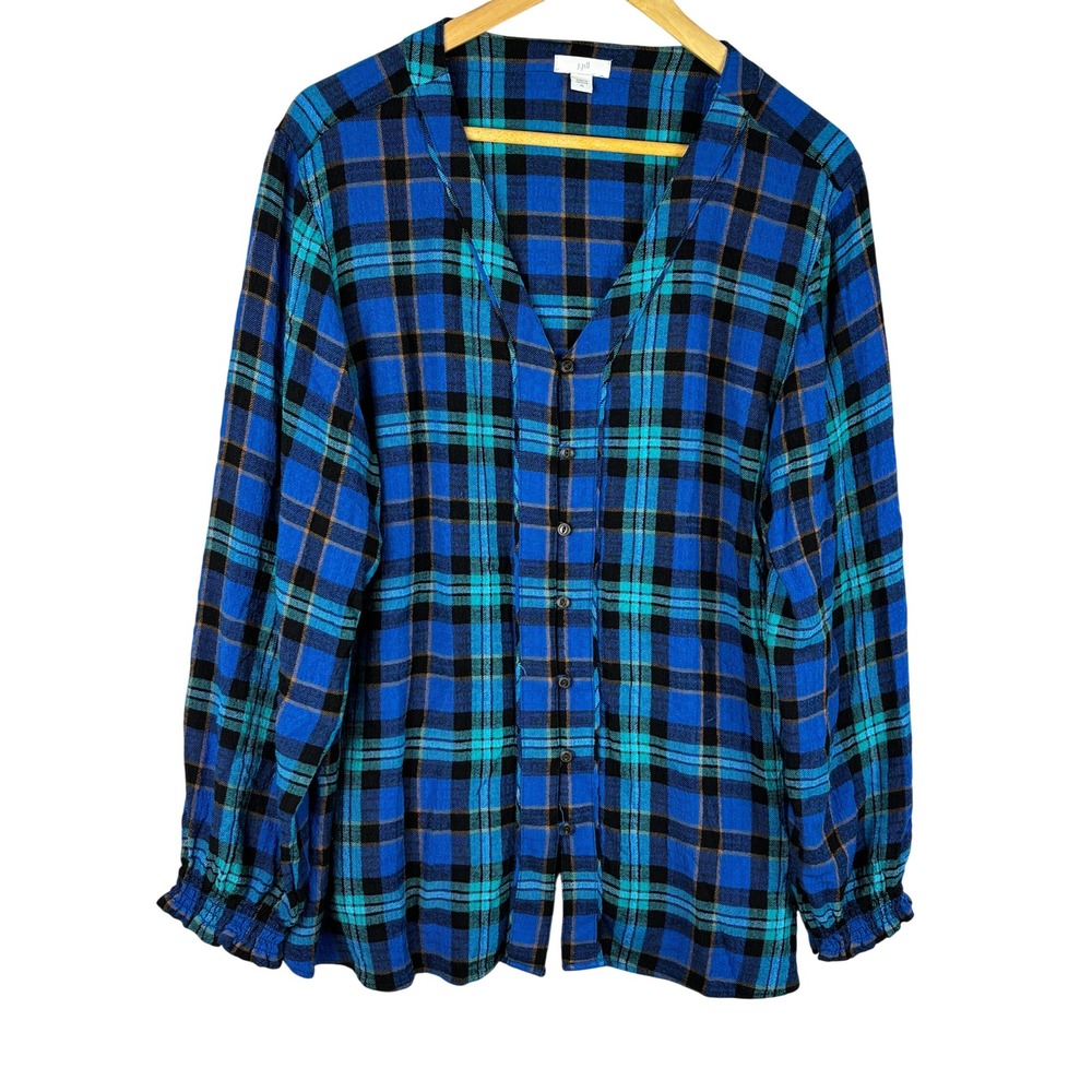 J. Jill Long Sleeve Plaid Button Front Top XL Classic Office Casual Transition